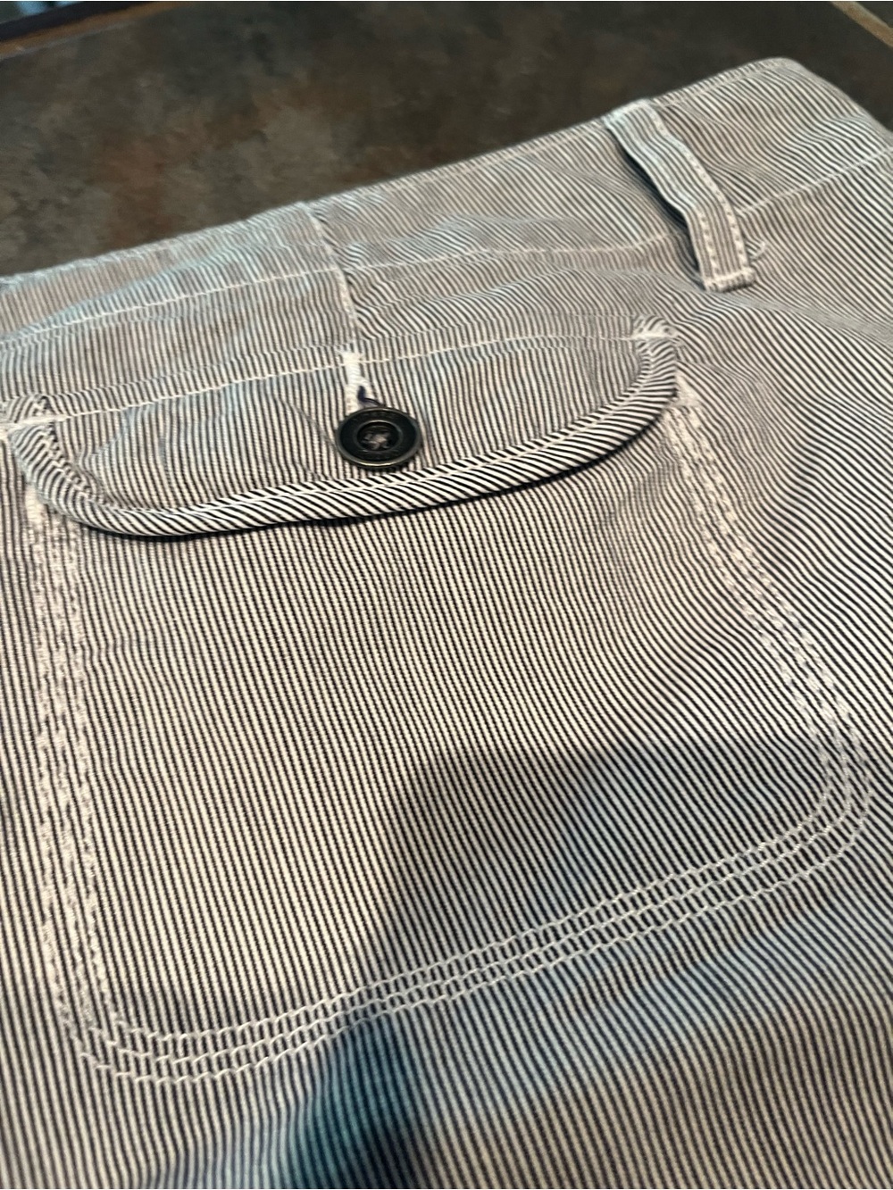 Pinstripe Navy/white denim like cotton Shorts with Contrast Stitching- longer - Picture 9 of 9